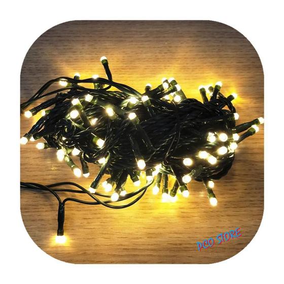 Imagem de Cordão Pisca 100 Led Prova Dágua Fixo Branco Quente Fio Verde 10m Decor Natal 220v