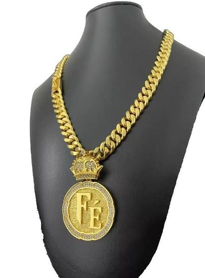 Imagem de Cordão Pit Bull 13Mm+ Pingente Fé - Banhando A Ouro 18K