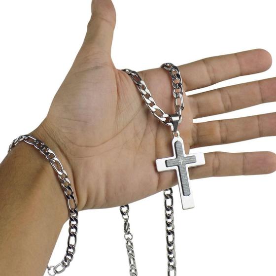 Imagem de Cordão Prata Aço Inox Pingente Crucifixo Pai Nosso Pulseira