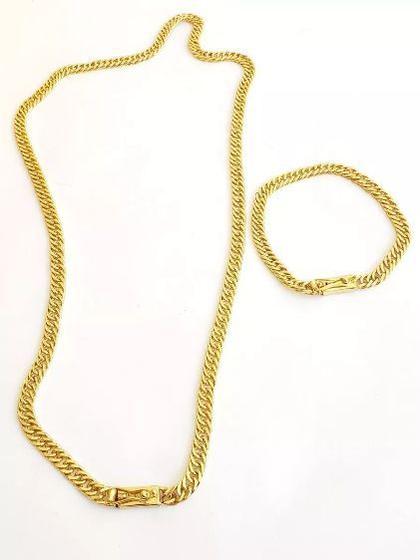 Imagem de Cordão + Pulseira 7mm Grumet Lacraia Banhado a Ouro 18k