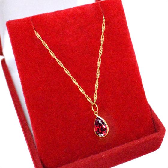 Imagem de Cordão Singapura Ouro 18k 50cm Pingente Gota Zirconia 9mm Vermelho Rubi