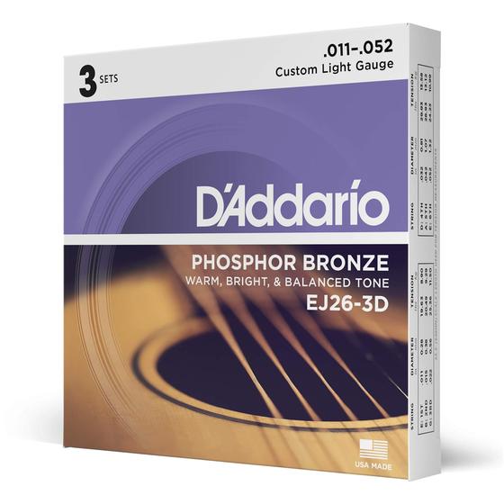 Imagem de Cordas de guitarra D'Addario Phosphor Bronze EJ26-3D 11-52, pacote com 3