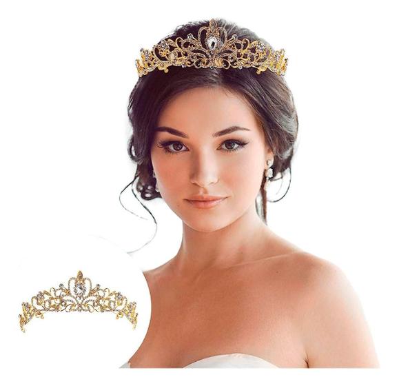 Imagem de Coroa Tiara Porta Coque Dourada Noiva Debutante Arranjo T1