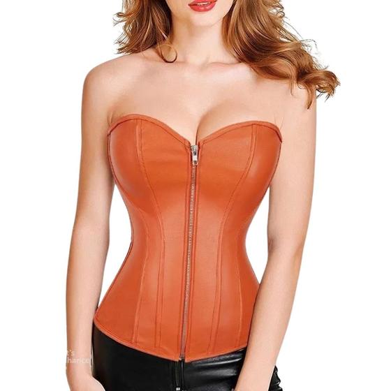 Imagem de Corpete Corset Corselet Redutor Modelada Cintura Valoriza Busto Zíper Couro Laranja M653