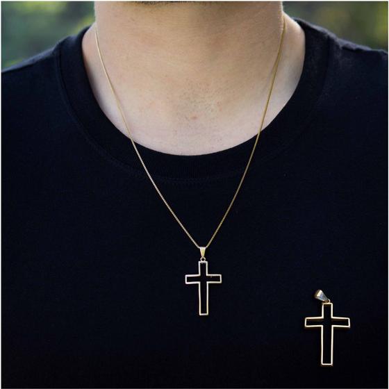 Imagem de Corrente 1mm Veneziana 60cm e Pingente Crucifixo Vazado Banhado a Ouro 18k