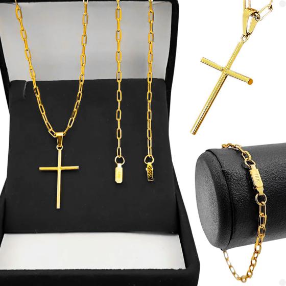 Imagem de Corrente banhada aço inox + pingente crucifixo + pulseira spaceman tijolinho dourado estiloso casual