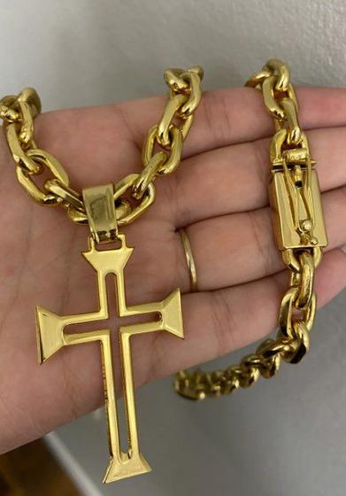 Imagem de Corrente cadeado 10mm + pingente crucifixo v banhado a ouro