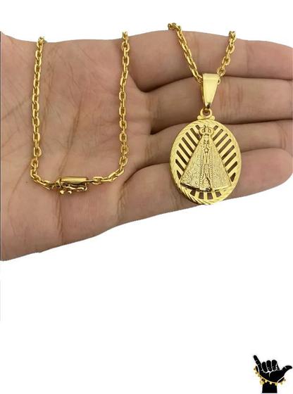 Imagem de Corrente Cadeado 2mm + Pingente NossaSra -Banhado a Ouro 18k