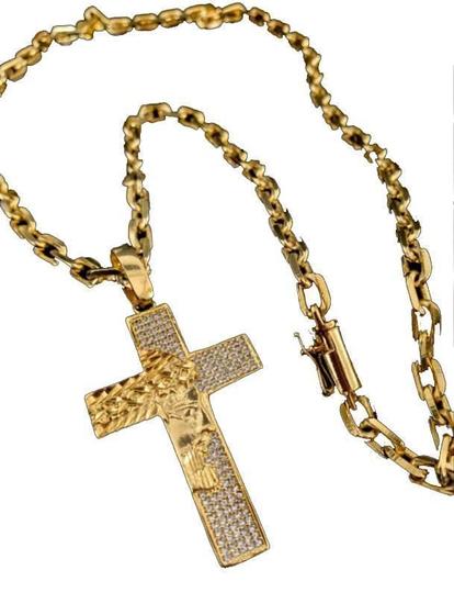 Imagem de Corrente Cadeado 6Mm Com Crucifixo Cravejado Banhados A Ouro