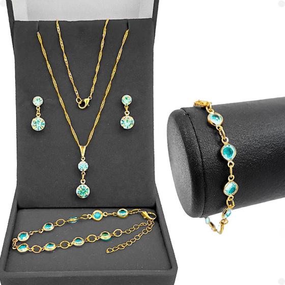 Imagem de Corrente Colar Veneziana + pingente + brincos + pulseira aço inoxidável dourada banhada strass azul