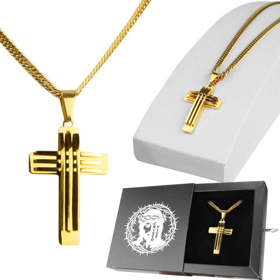 Imagem de Corrente Cordão Aço Inox Masculino Pingente Cruz Jesus Crucifixo Dourado Pai Nosso + Caixa Presente C23