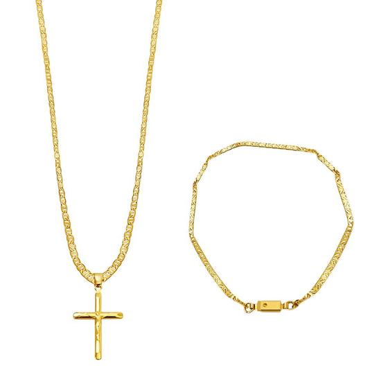 Imagem de Corrente cordão masculino 60/70cm + pingente crucifixo + pulseira elo banhado a ouro 18k mimoo joias