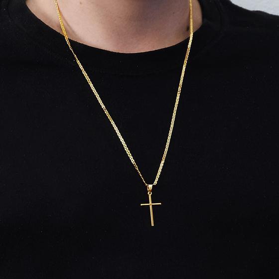 Imagem de Corrente cordão masculino elo 60cm + pingente cruz banhado a ouro 18k mimoo joias
