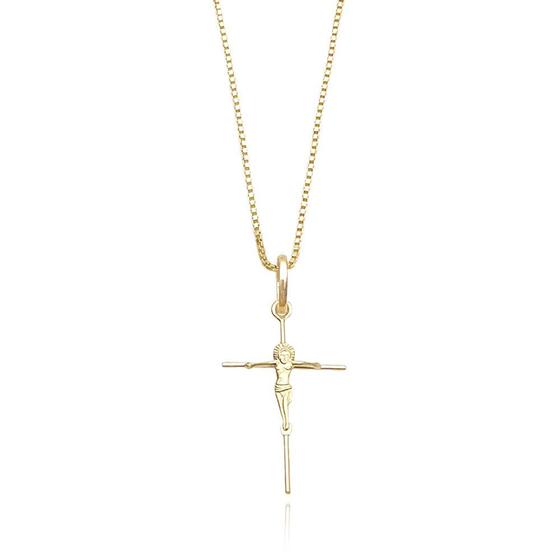 Imagem de Corrente Cordão Ouro Maciço 18k 750 Veneziana 50cm Fina Pingente Crucifixo Com Cristo