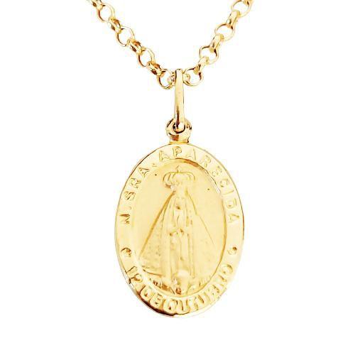 Imagem de Corrente Elo Português 45cm com Medalha Nossa Senhora Aparecida Feminino 3.5 grama em Ouro 18k