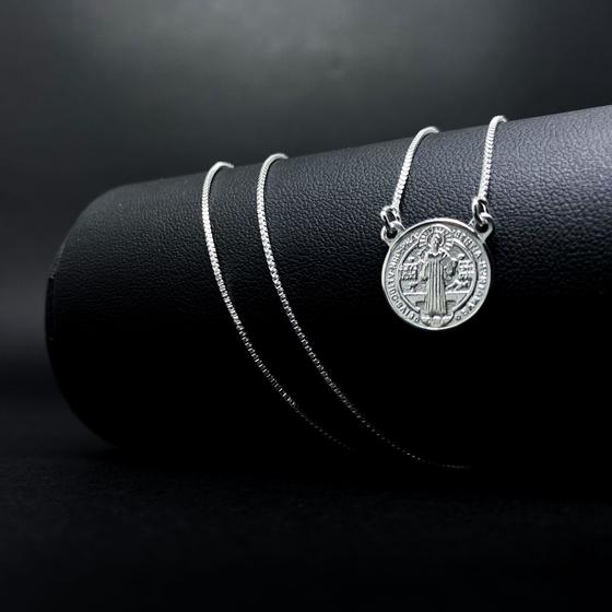 Imagem de Corrente Escapulário Medalha São Bento Prata 925 Original Cordão 60cm Veneziana Medalha Unissex