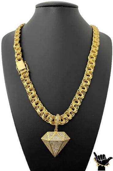 Corrente Friso 12mm + Pingente Diamante- Banhado a Ouro 18k - ToJoia18k ...