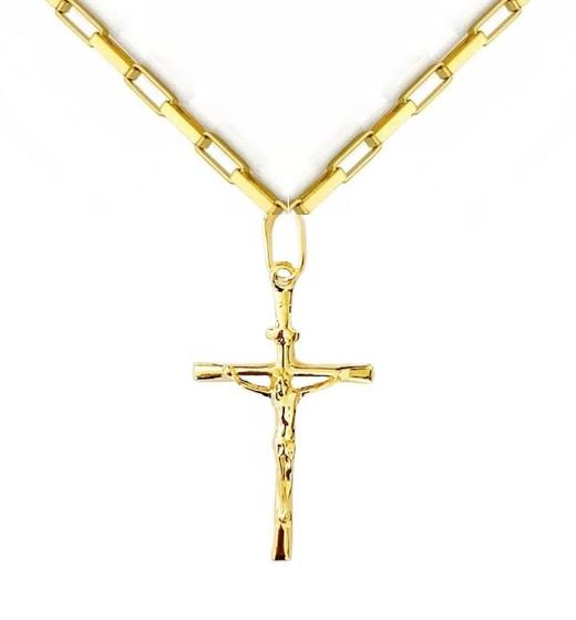 Imagem de Corrente Maciça Elo Quadrado 70cm Com Pingente Cruz com Cristo Masculino 5.7 grama em Ouro 18k