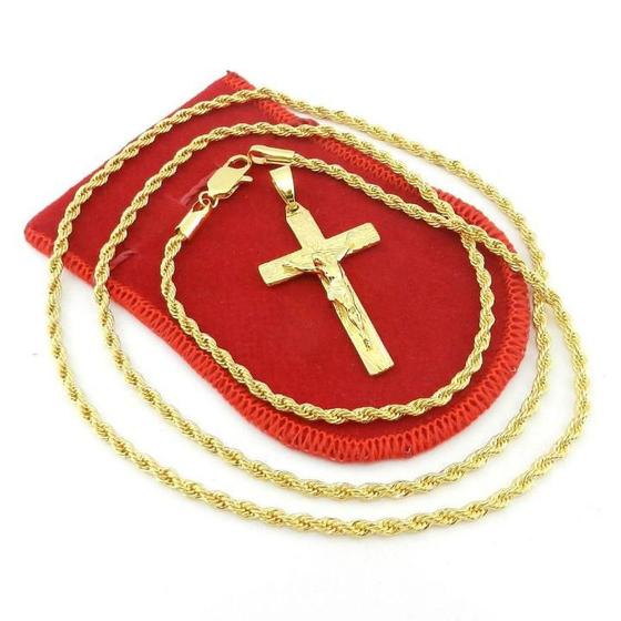 Corrente Masculina 60cm 3mm Cruz 45mm Folheado Ouro CR754 Menor preço em Corrente Masculina 60cm 3mm Cruz 45mm Folheado Ouro CR754