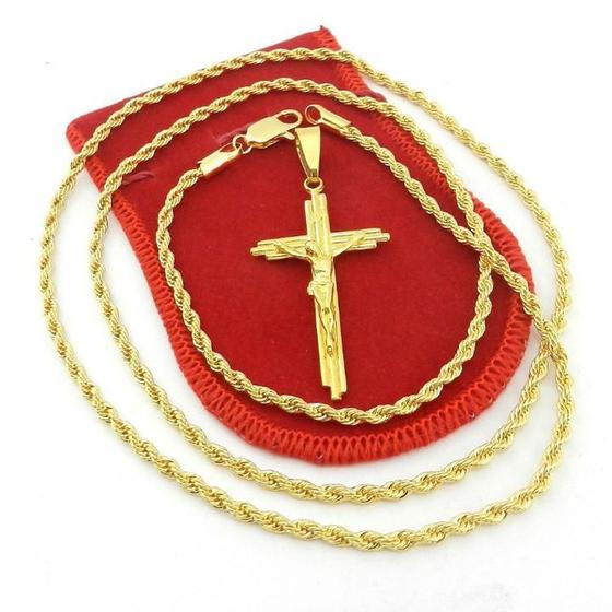 Corrente Masculina 60cm 3mm Cruz Cristo Folheado Ouro CR750 Menor preço em Corrente Masculina 60cm 3mm Cruz Cristo Folheado Ouro CR750