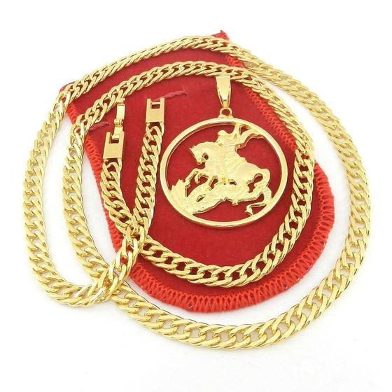 Corrente Masculina 80cm 6mm + São Jorge Folheado Ouro CR672 Menor preço em Corrente Masculina 80cm 6mm + São Jorge Folheado Ouro CR672