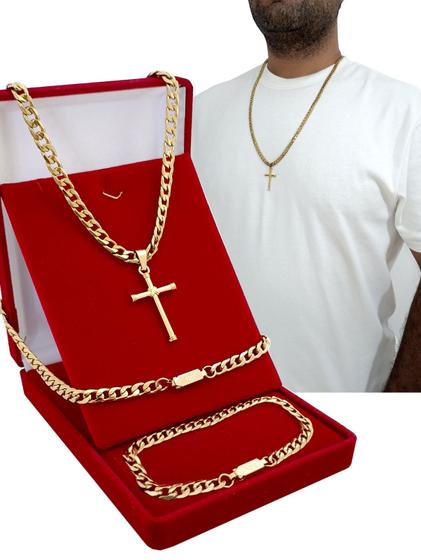 Corrente Masculina Banhada A Ouro 18k 70cm Grosso +ping Cruz+pulseira Grumet - Colares Imagem de Corrente Masculina Banhada A Ouro 18k 70cm Grosso +ping Cruz+pulseira Grumet