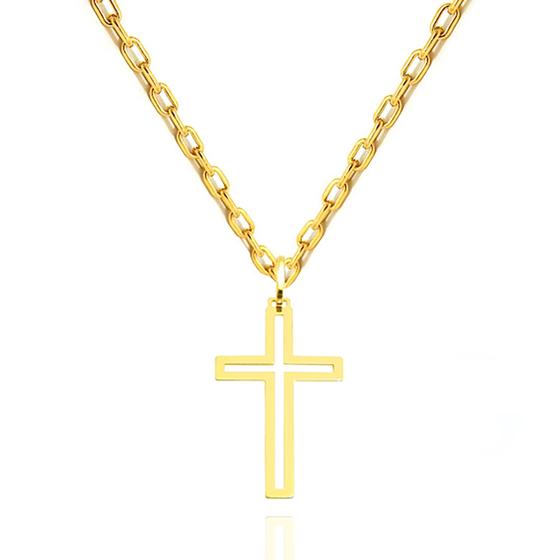 Imagem de Corrente Masculina Cadeado + Pingente Cruz Crucifixo Ouro 18k  60 cm