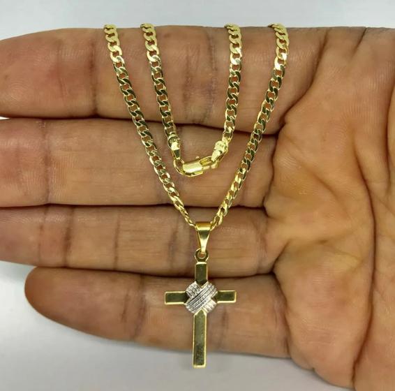 Imagem de Corrente Masculina grumet curta 70cm 2mm com pingente curz banhada a ouro 18k