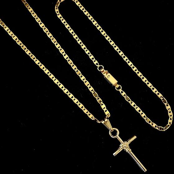 Imagem de Corrente Masculina Piastrine Cordão Banhado a Ouro 18k 2mm 60cm + Pulseira + Pingente Crucifixo