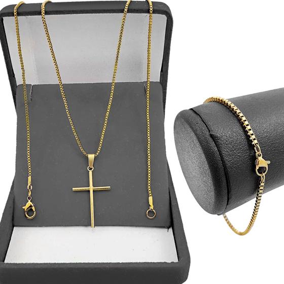 Imagem de Corrente Masculina Veneziana Dourada Banhada Pingente Crucifixo Pulseira 