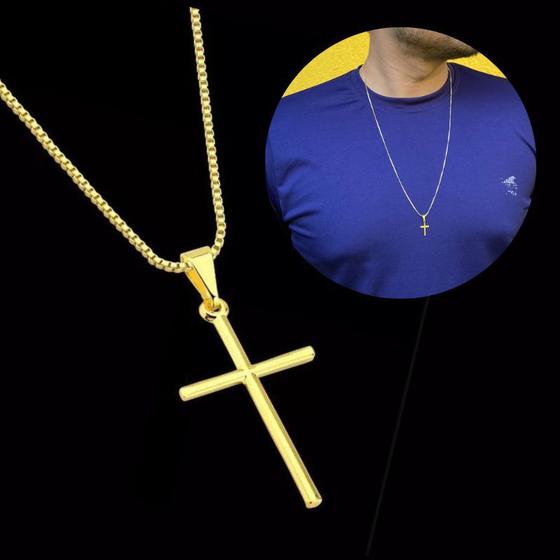 Imagem de Corrente Masculino 70cm Longo Fino Veneziana Pingente Cruz Crucifixo Pequeno Banhado Ouro Dourado