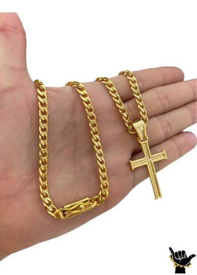 Imagem de Corrente PitBull 6mm + Pingente Cruz - Banhado a Ouro 18k