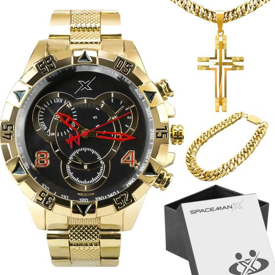 Imagem de corrente + pulseira + relogio masculino aço dourado presente casual analogico social religioso