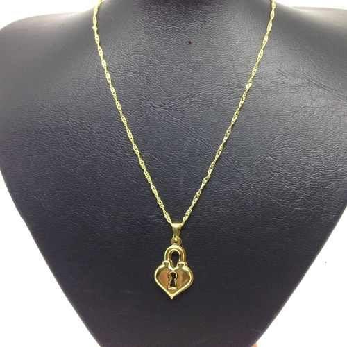Imagem de Corrente Singapura Pingente Coração Cadeado Folheado Ouro18k