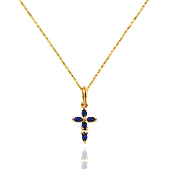 Imagem de Corrente Veneziana 40cm Com Pingente Cruz Mini Zircônias Azul Ouro 18k