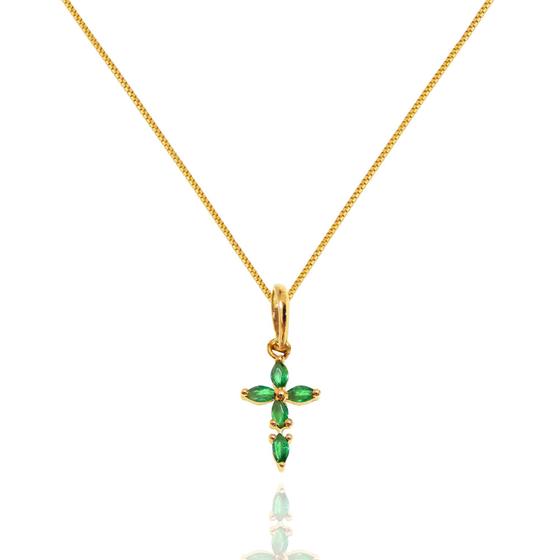 Imagem de Corrente Veneziana 50cm Com Pingente Cruz Mini Zircônias Verde Ouro 18k