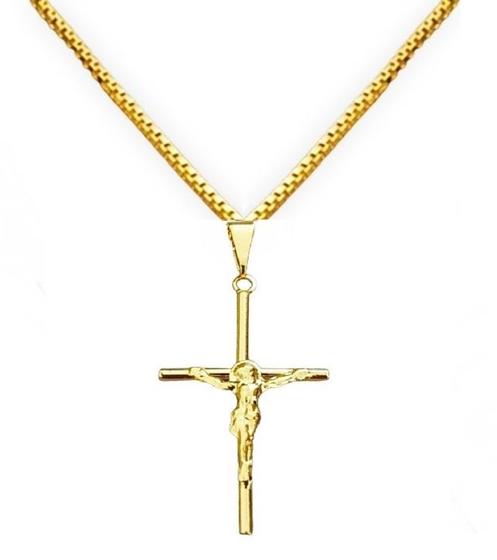 Imagem de Corrente Veneziana 60cm + Pingente Cruz Palito com Cristo Masculino Banhada a Ouro