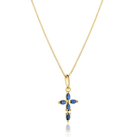 Imagem de Corrente Veneziana Com Pingente Cruz Mini Zircônias Azul Ouro 18k 40 cm