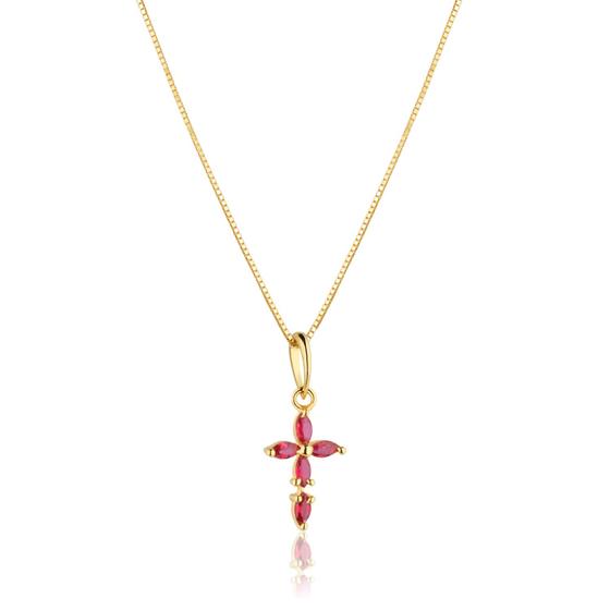 Imagem de Corrente Veneziana Com Pingente Cruz Mini Zircônias Vermelha Ouro 18k 50 cm