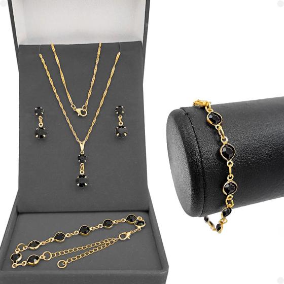 Imagem de Corrente Veneziana Feminina + brincos + pulseira + pingente Qualidade Premium presente strass preto