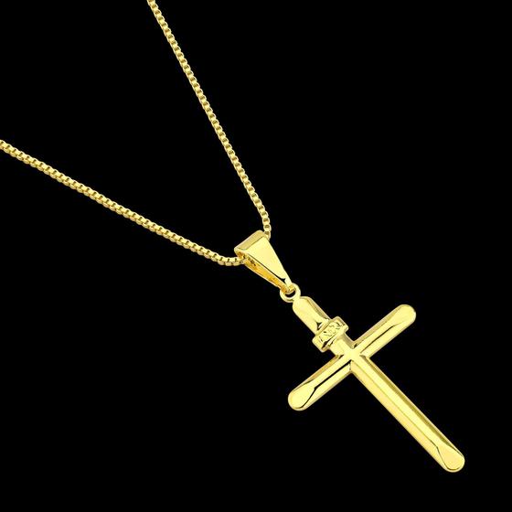 Corrente Veneziana + Pingente Cruz Palito Banhados a ouro 18k Cordão Masculino e Crucifixo Menor preço em Corrente Veneziana + Pingente Cruz Palito Banhados a ouro 18k Cordão Masculino e Crucifixo