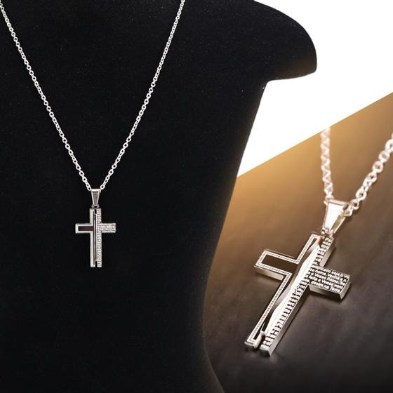 Imagem de Correntinha Prata Masculina crucifixo pai nosso corrente pingente Inox cruz + saquinho Presente