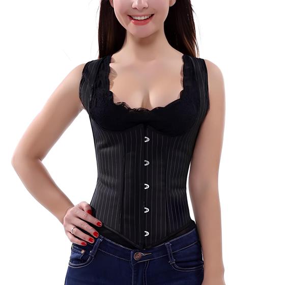 Imagem de Corset Colete Modela Cintura Social Risca De Giz Alça Costa Fechada Preto M667