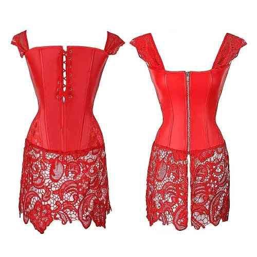 Imagem de Corset Corpete Corselet Modelador Mini Saia Material Sintético Renda Vermelho 1 Peça M301