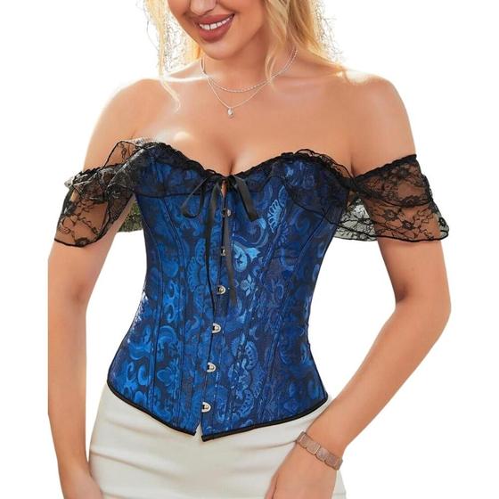 Imagem de Corset Corselet Blusa Modeladora Manga Curta Renda Floral Linha Casual Azul Escuro M733