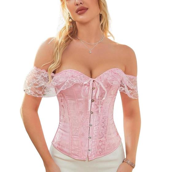 Imagem de Corset Corselet Blusa Modeladora Manga Curta Renda Floral Linha Casual Rosa Claro M699