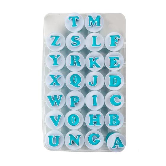 Imagem de Cortador Alfabeto Superior de Plástico Cromus Allonsy 2,8x2,8x3,8 jogo 26 peças botão injetor