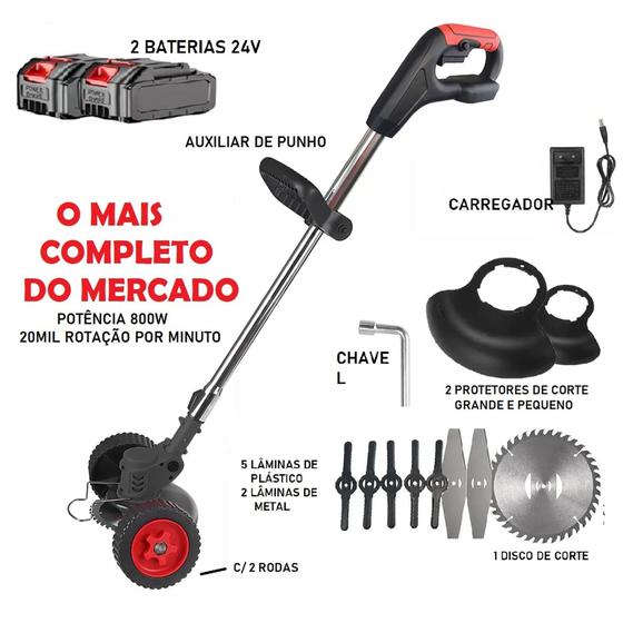 Imagem de Cortador de Grama com Rodas e 2 Baterias 24V Potente 800W C/ Disco de Corte Roçadeira 3 EM 1 Jardim