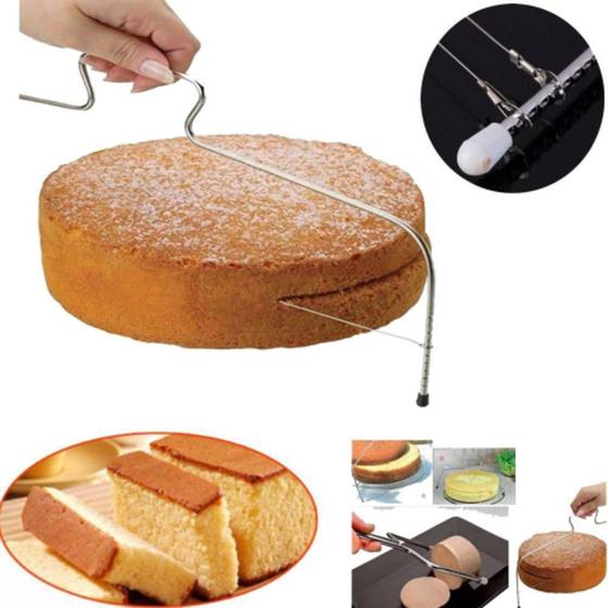 Imagem de Cortador nivelador e fatiador de bolo em inox fio duplo ajustavel confeitaria boleira profissional 
