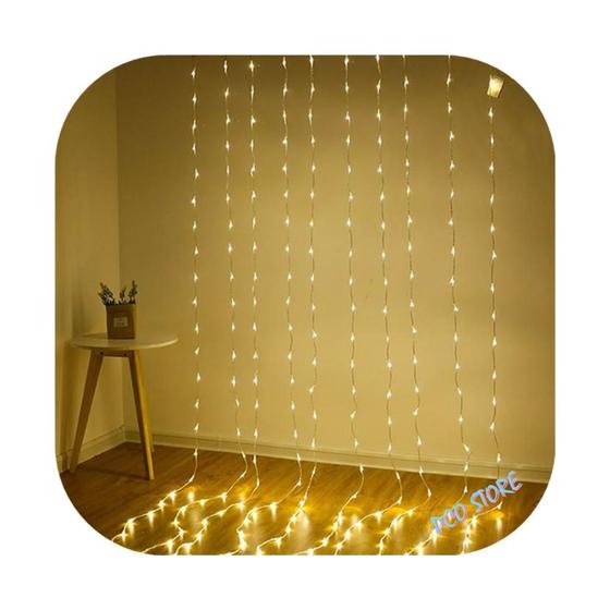 Imagem de Cortina 320 Led 3,0m x 2,5m 8 Funções Branco Quente Fio Transparente Decor Festa Natal 220V